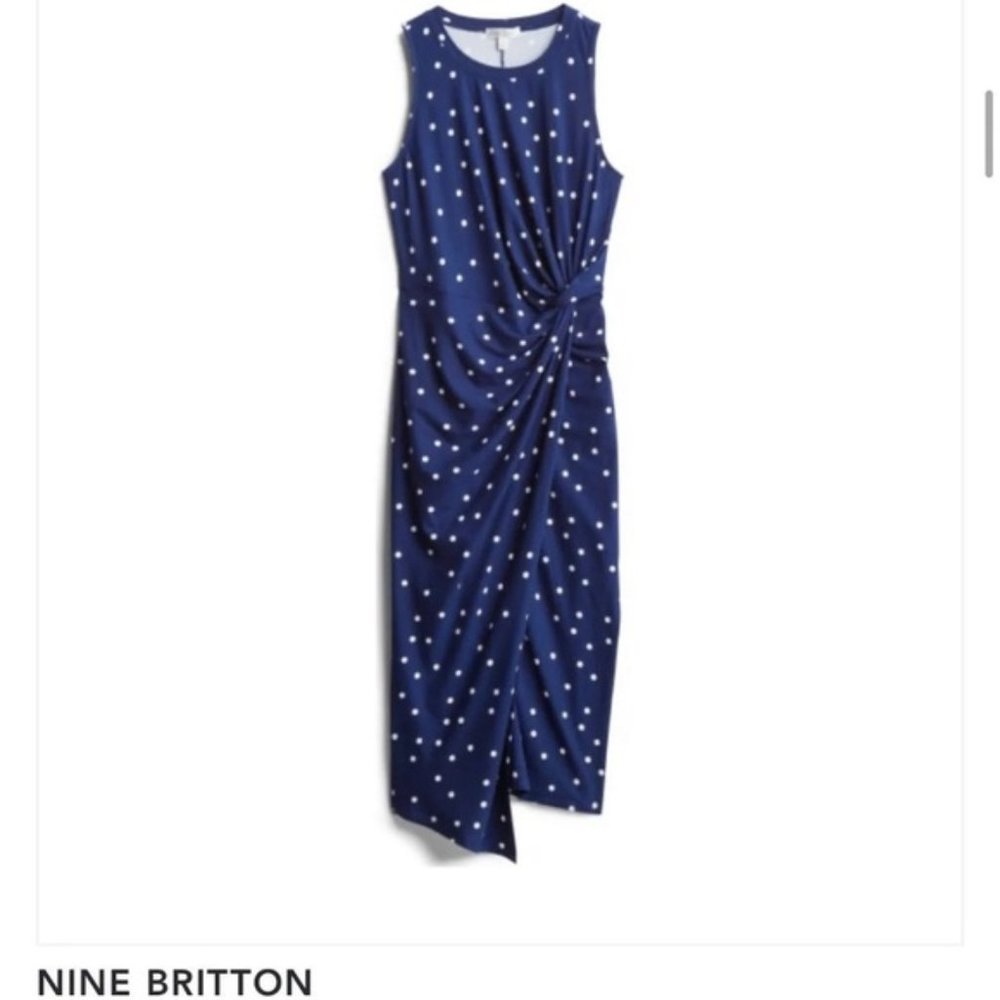Nine Britton Abigail brushed knit midi navy polka dots